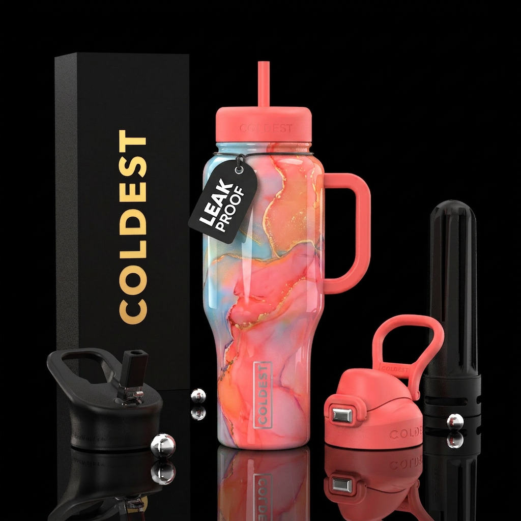vibrant,cotton candy  corals abstract,glossy, glow... water bottle design