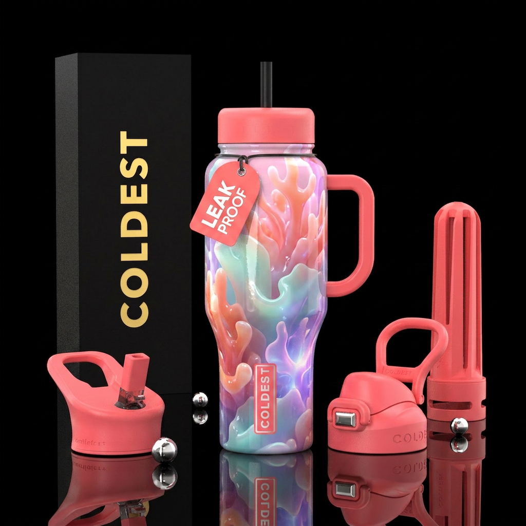vibrant,cotton candy  corals abstract,glossy, glow... water bottle design