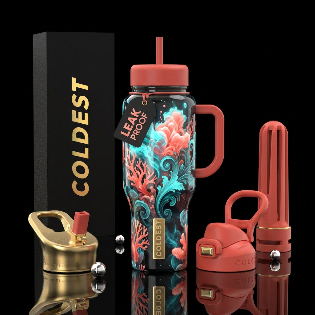 vibrant,cotton candy  corals abstract,glossy, glow... water bottle design