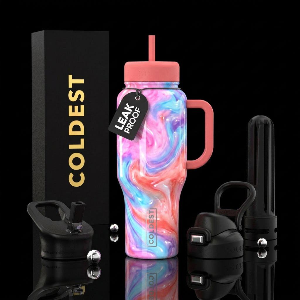 vibrant,cotton candy  corals abstract,glossy, glow... water bottle design