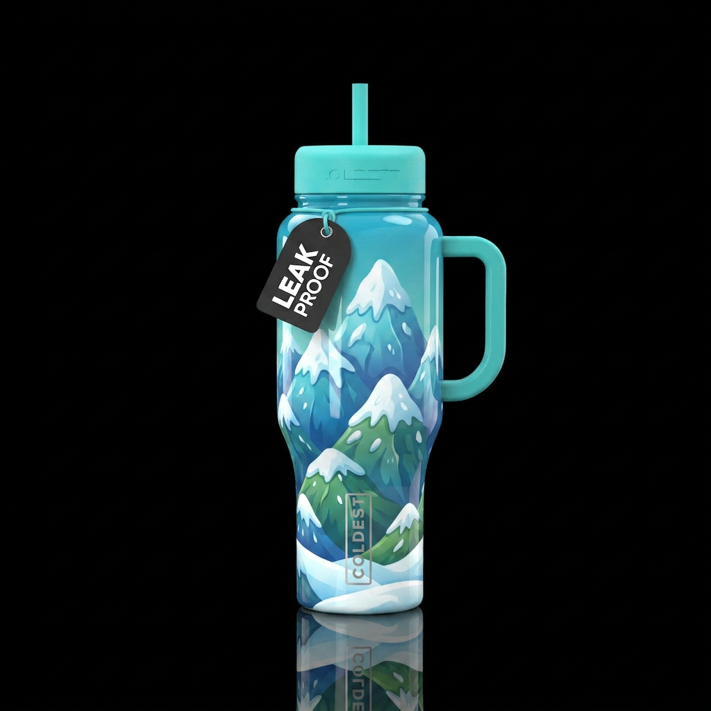 Cartoonish, snow covered mountain peaks, closeup,g... water bottle design