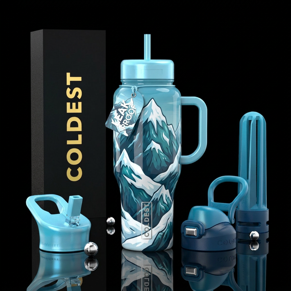 Cartoonish, snow covered mountain peaks, closeup,g... water bottle design