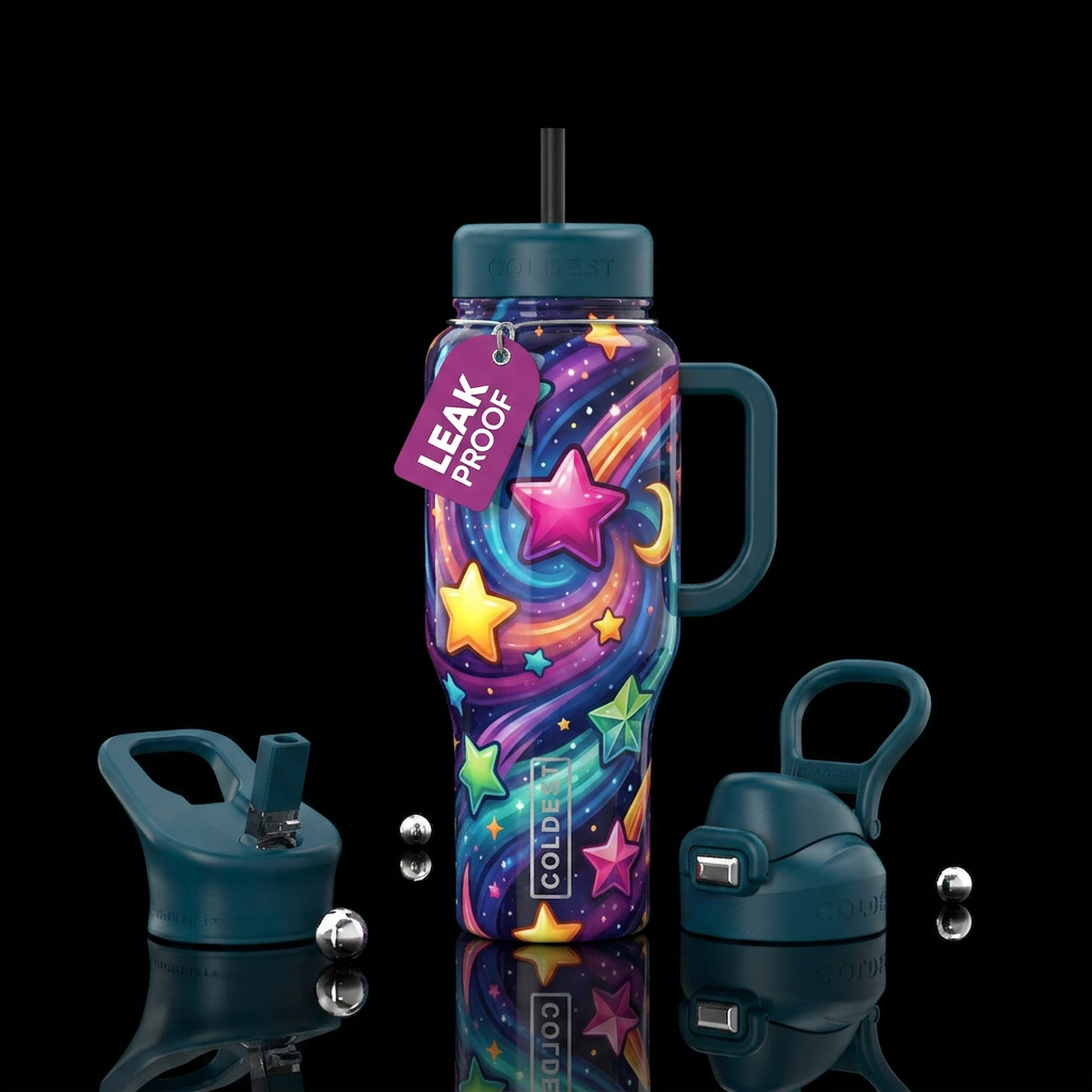 Cartoonish, falling Stars, closeup,glossy, trompe-... water bottle design