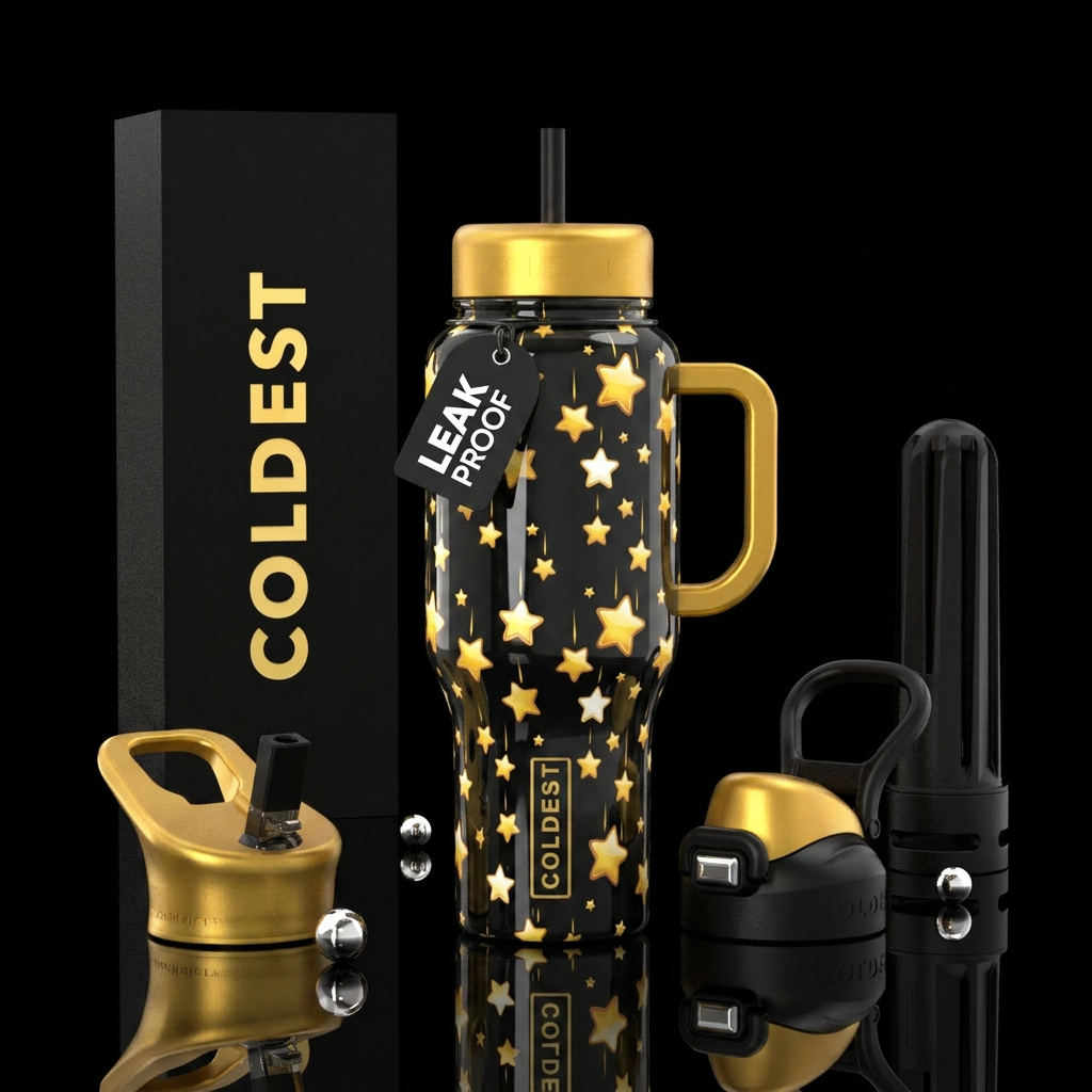 Cartoonish, falling Stars, closeup,glossy, trompe-... water bottle design