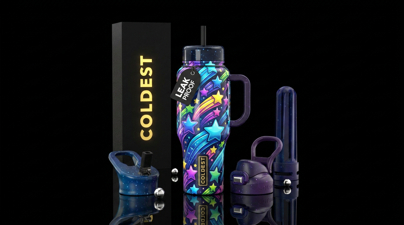 Cartoonish, shooting Stars, closeup,glossy, trompe... water bottle design