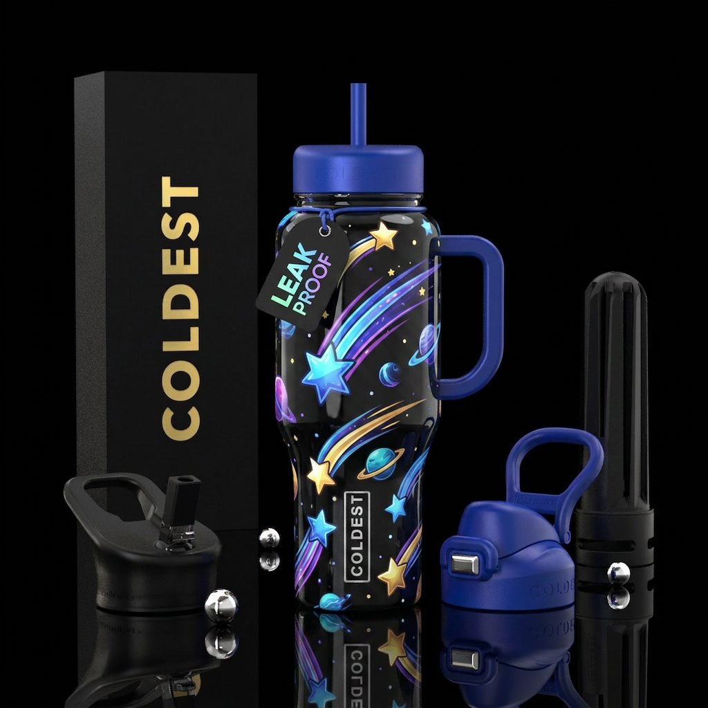 Cartoonish, shooting Stars, closeup,glossy, trompe... water bottle design