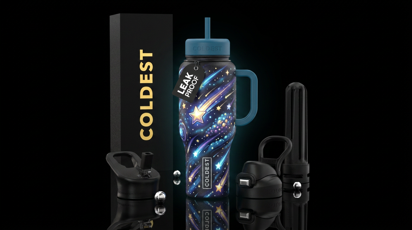 Cartoonish, shooting Stars, closeup,glossy, trompe... water bottle design
