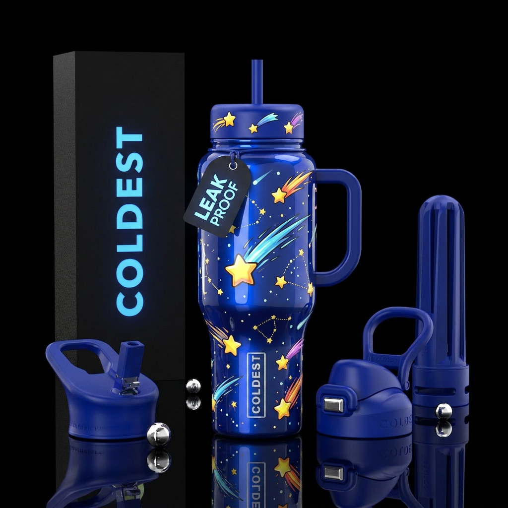 Cartoonish, shooting Stars, closeup,glossy, trompe... water bottle design
