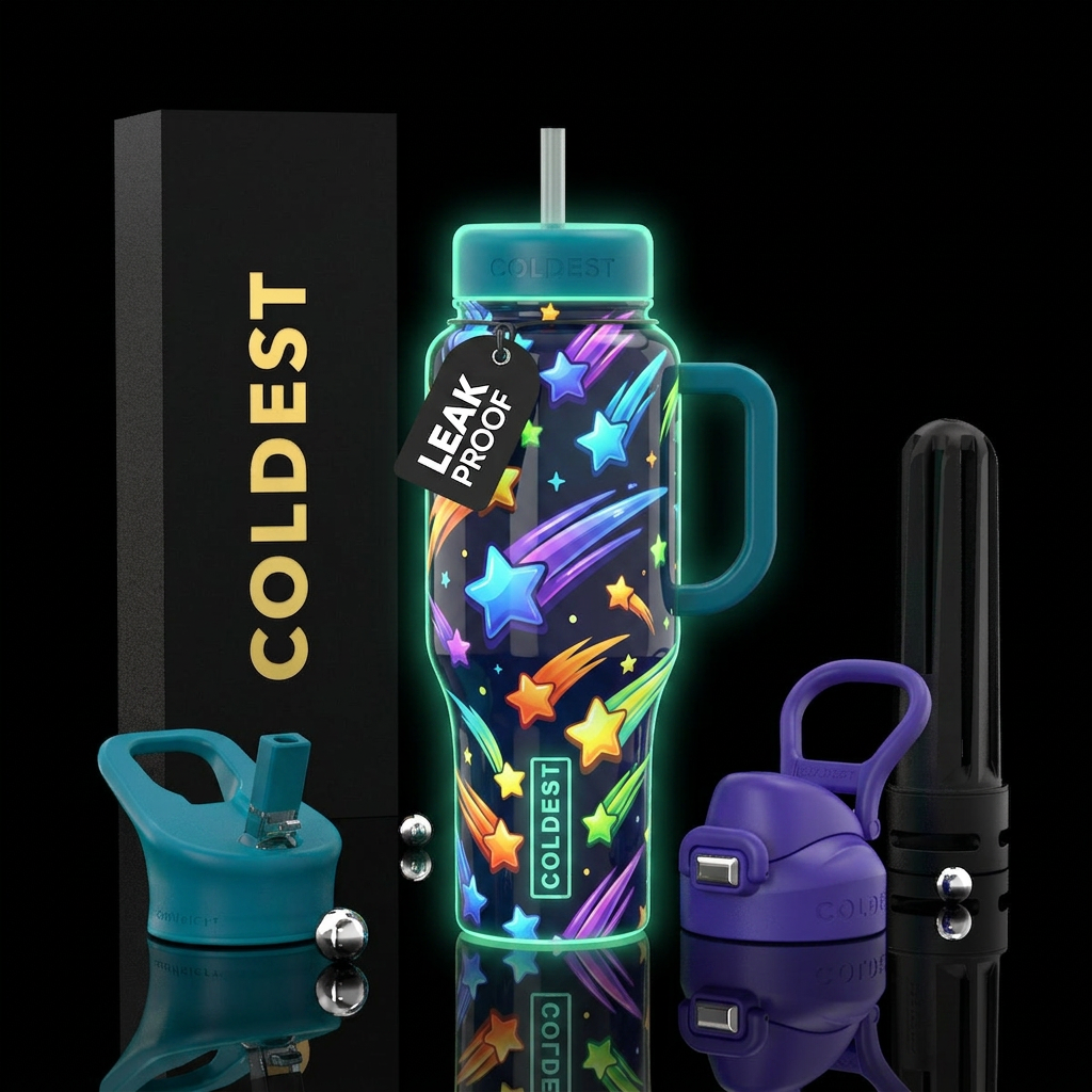 Cartoonish, shooting Stars, closeup,glossy, trompe... water bottle design