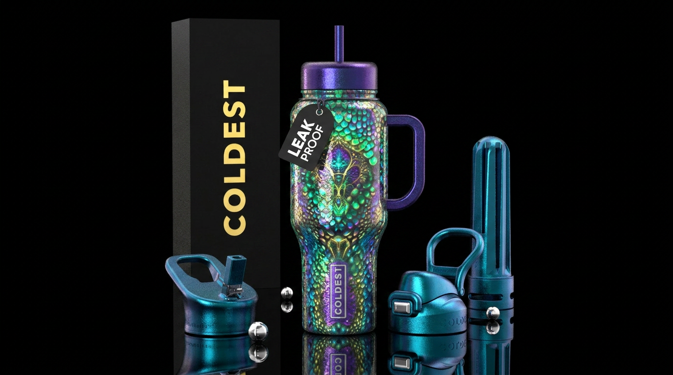 Glistening glossy, glowie, trompe-l'œil water bottle design