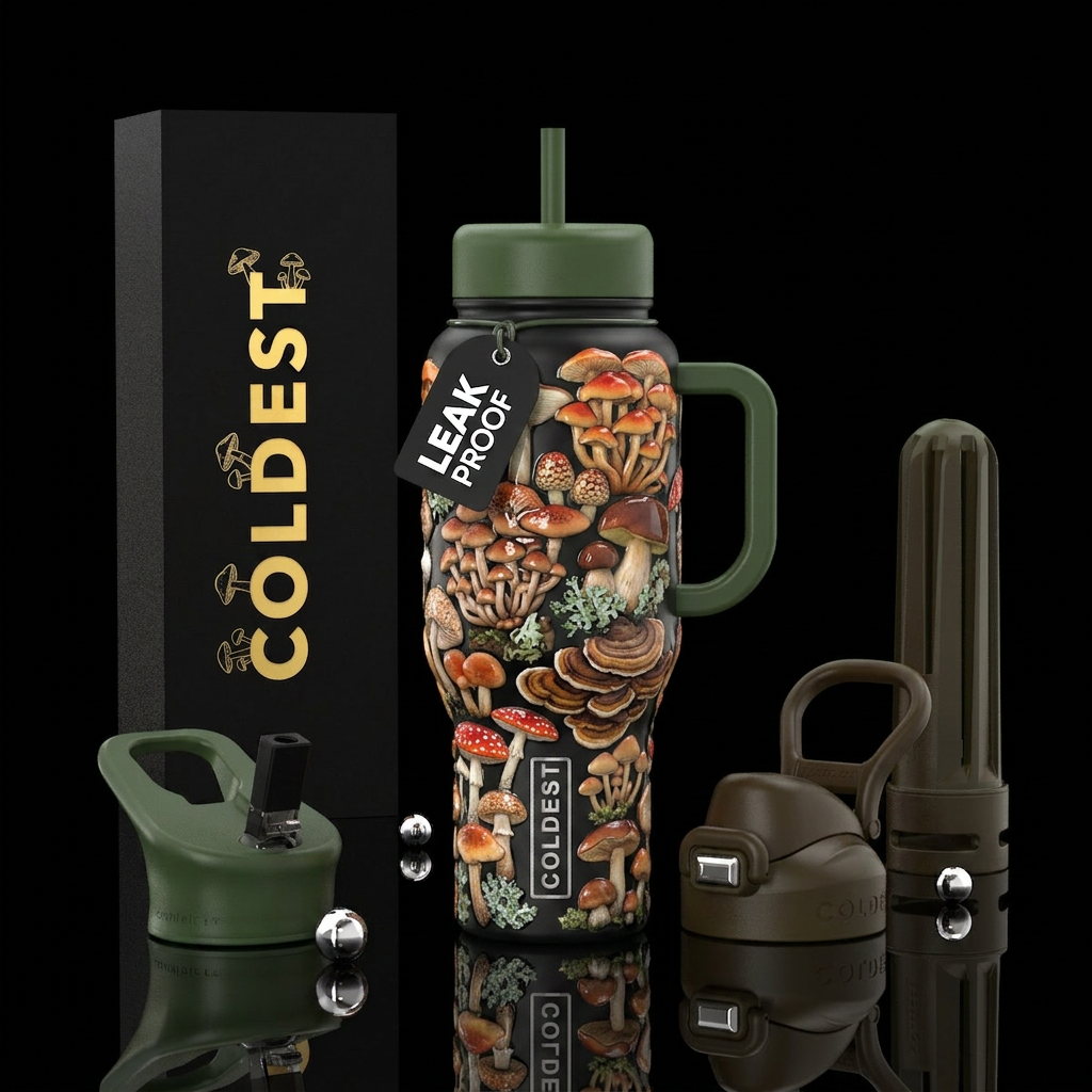 Mushrooms galore, textured, glossy, trompe-l'œil water bottle design