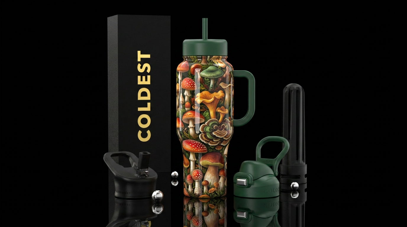 Mushrooms galore, textured, glossy, trompe-l'œil water bottle design