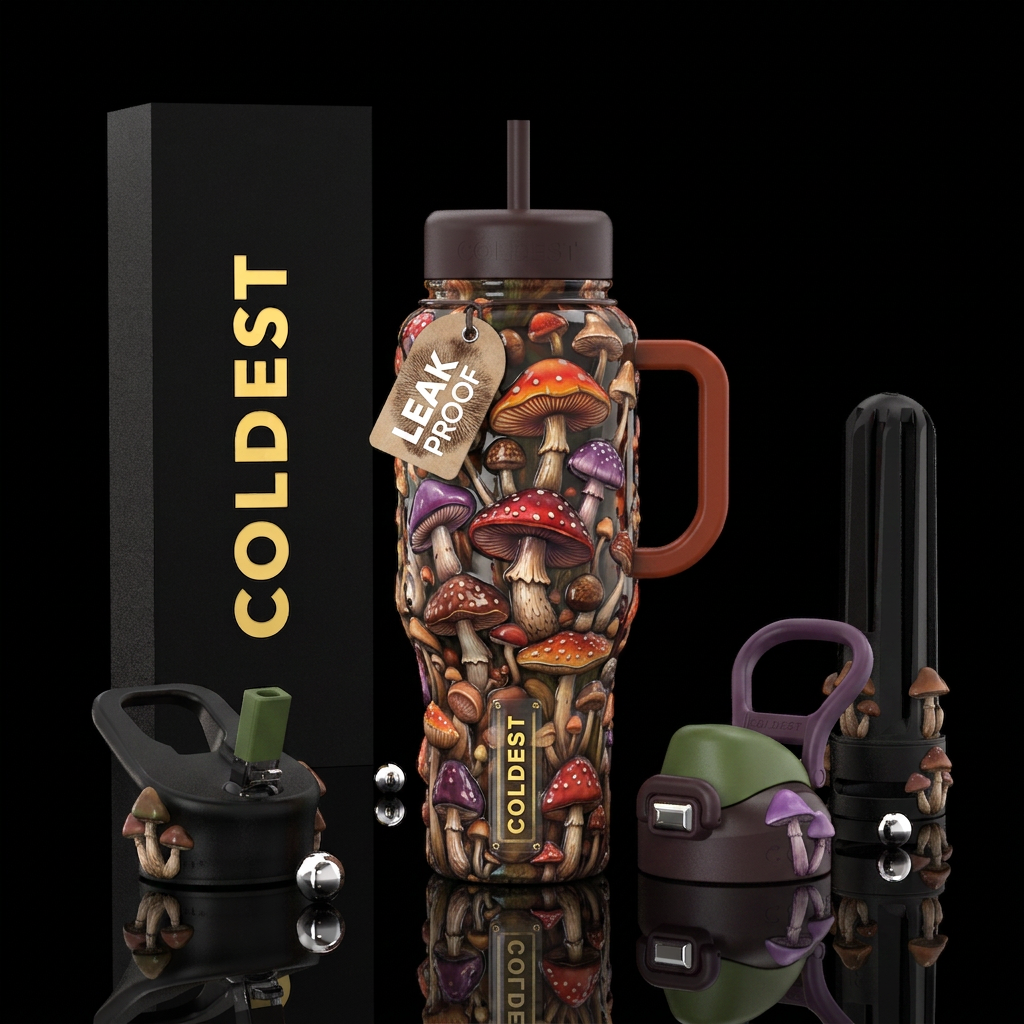 Mushrooms galore, textured, glossy, trompe-l'œil water bottle design