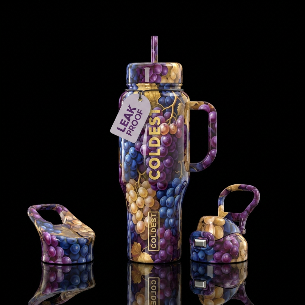 cocktail, alluring,glossy, trompe-l'œil, grape water bottle design