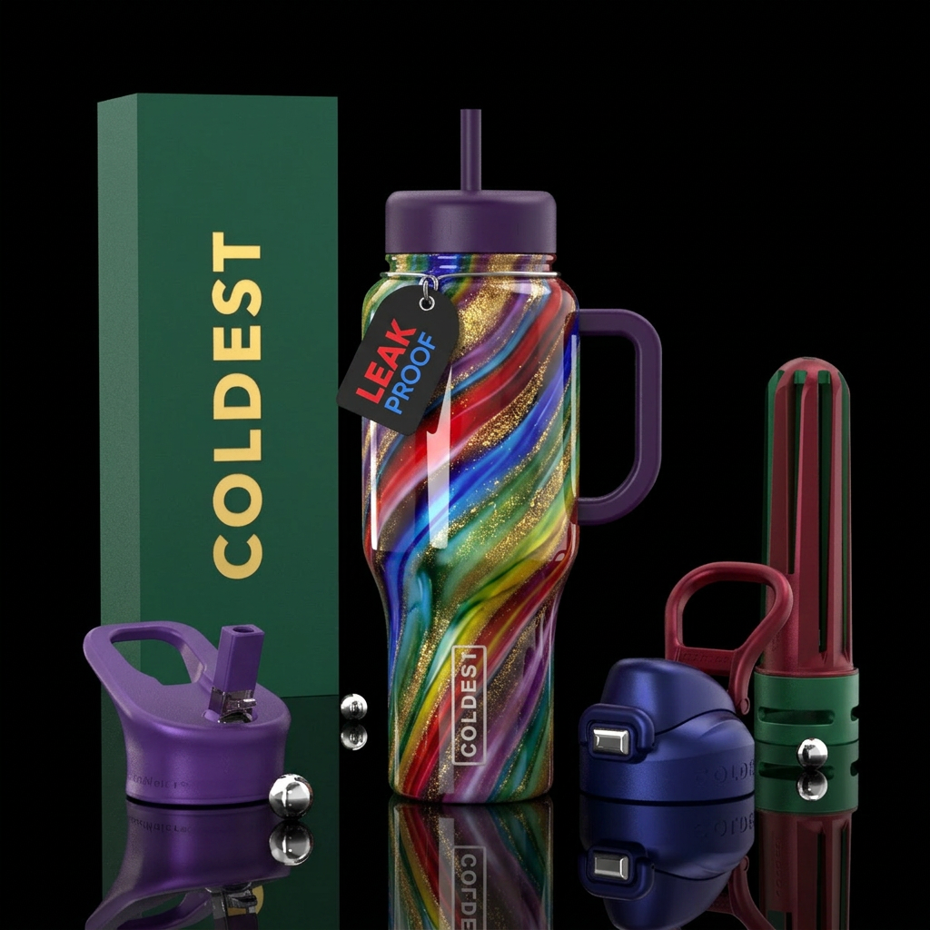 Rainbow slag glass with gold dust,glossy, trompe-l... water bottle design