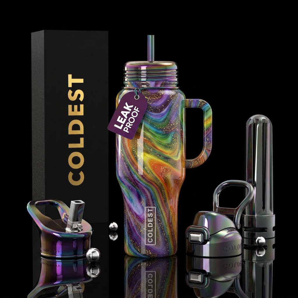 Rainbow slag glass with gold dust,glossy, trompe-l... water bottle design