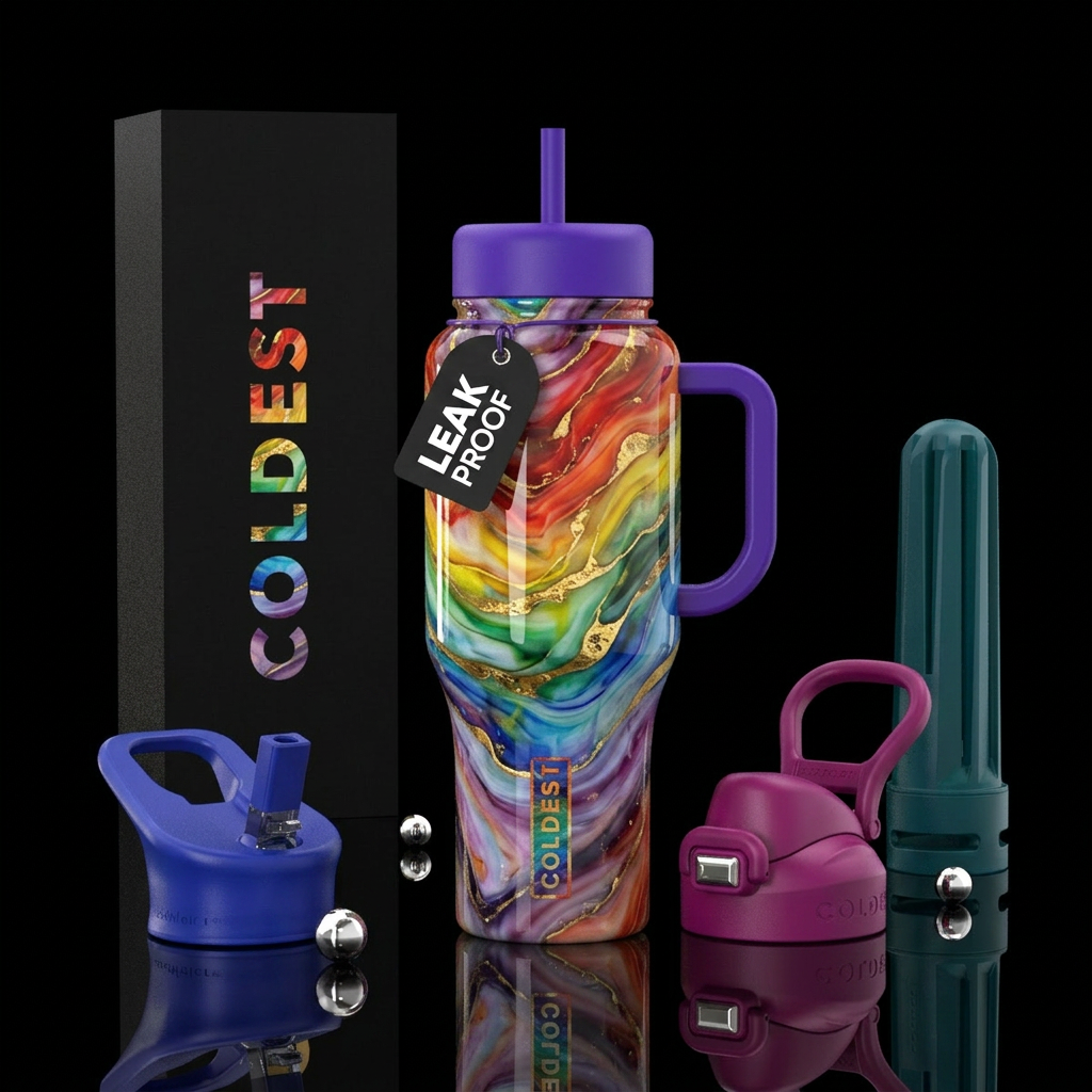 Rainbow slag glass with gold ,glossy, trompe-l'œil water bottle design