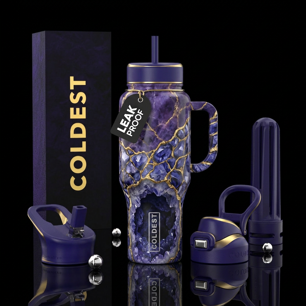 Tanzanite marble then tanzanite stones with gold v... water bottle design