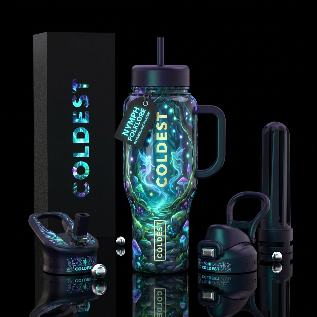 , glossy, trompe-l'œil, glowie, nymph, folklore, e... water bottle design