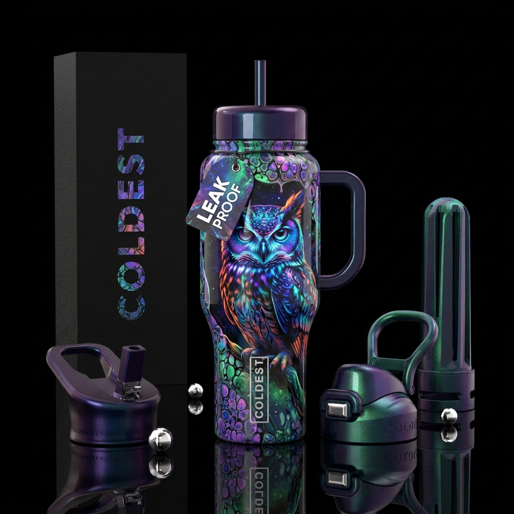 Paint pour with cell activator,owl,glossy, glowie,... water bottle design