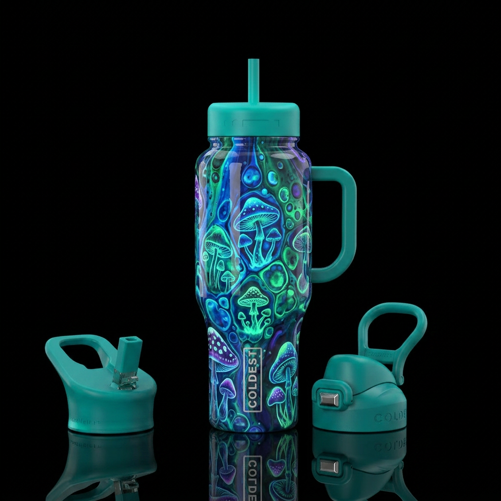 Paint pour with cell activator magic mushrooms, gl... water bottle design