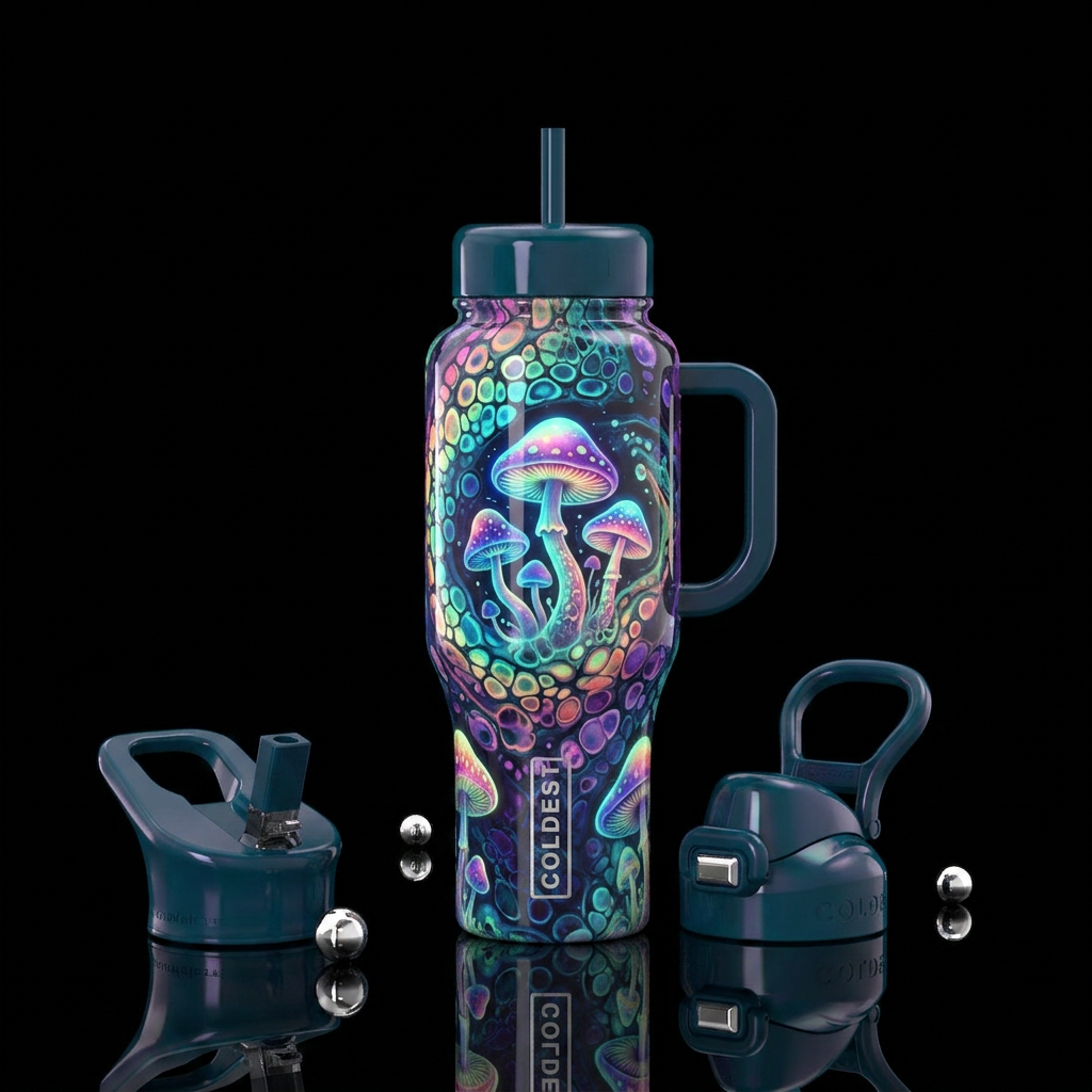 Paint pour with cell activator magic mushrooms, gl... water bottle design
