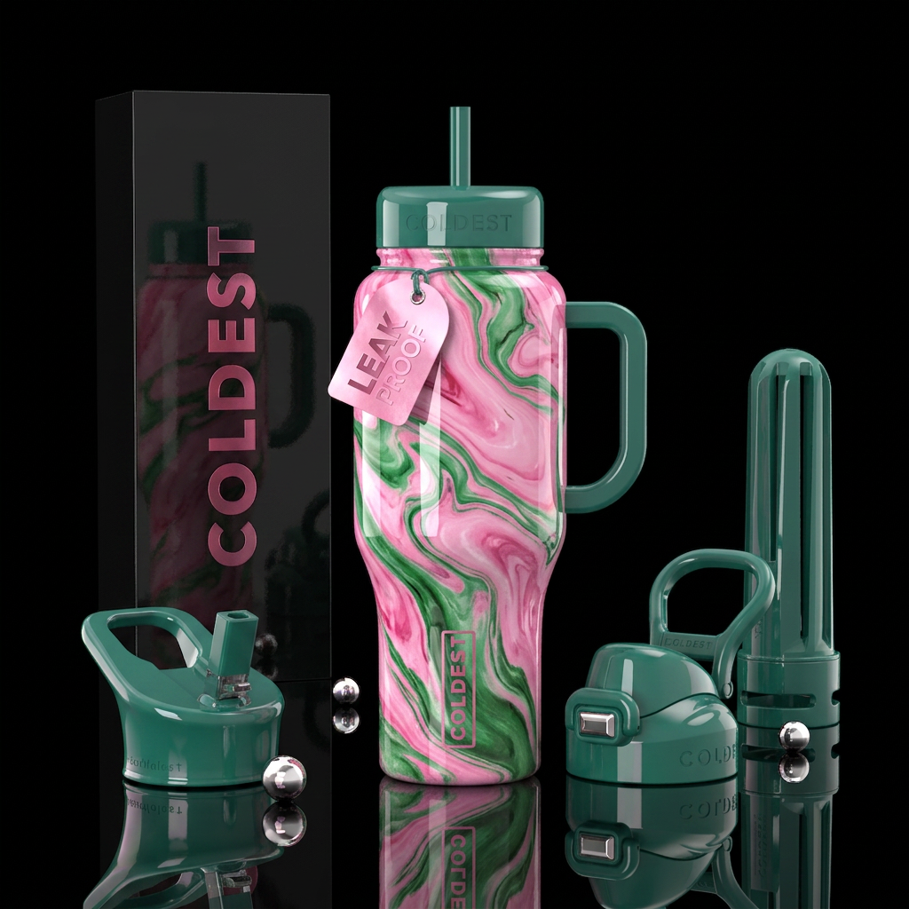 Pink and green marbling, glossy, trompe-l'œil water bottle design