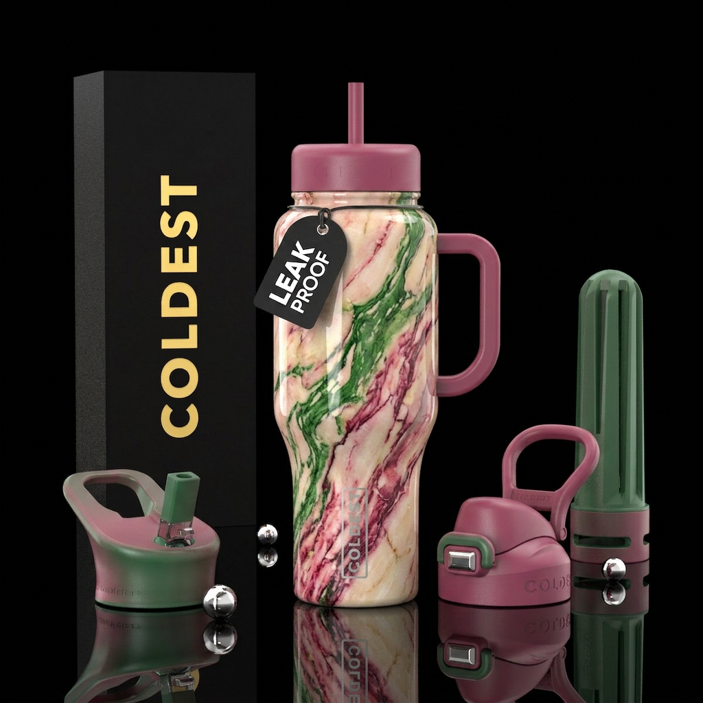 Pink and green marbling, glossy, trompe-l'œil water bottle design