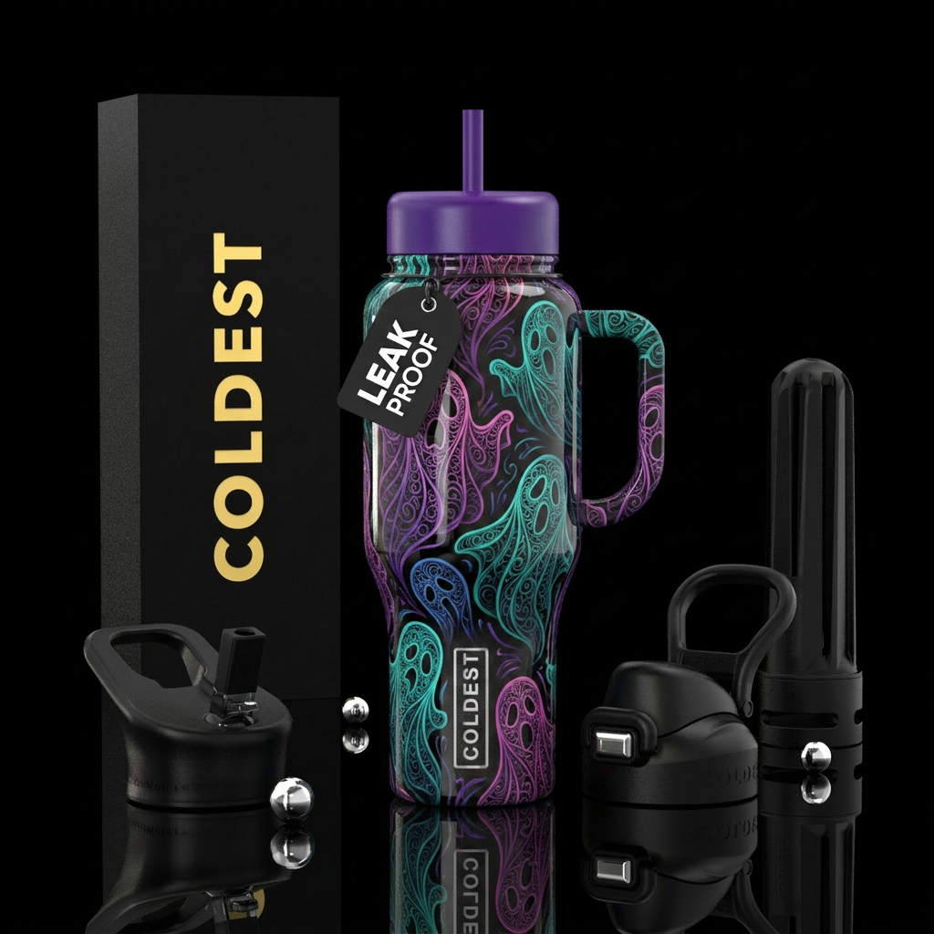 Filography ghosts, glossy, trompe-l'œil water bottle design