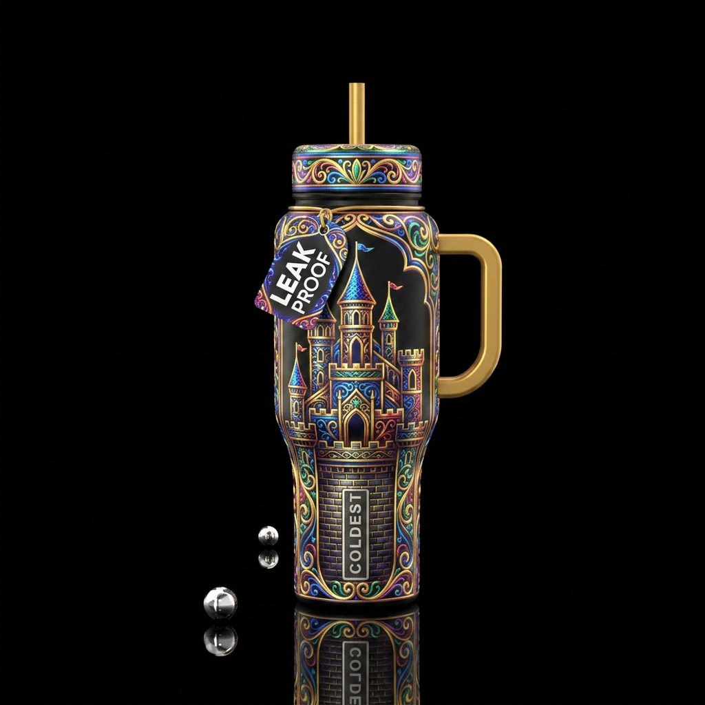 Filography,castle, glossy, trompe-l'œil, glowie water bottle design
