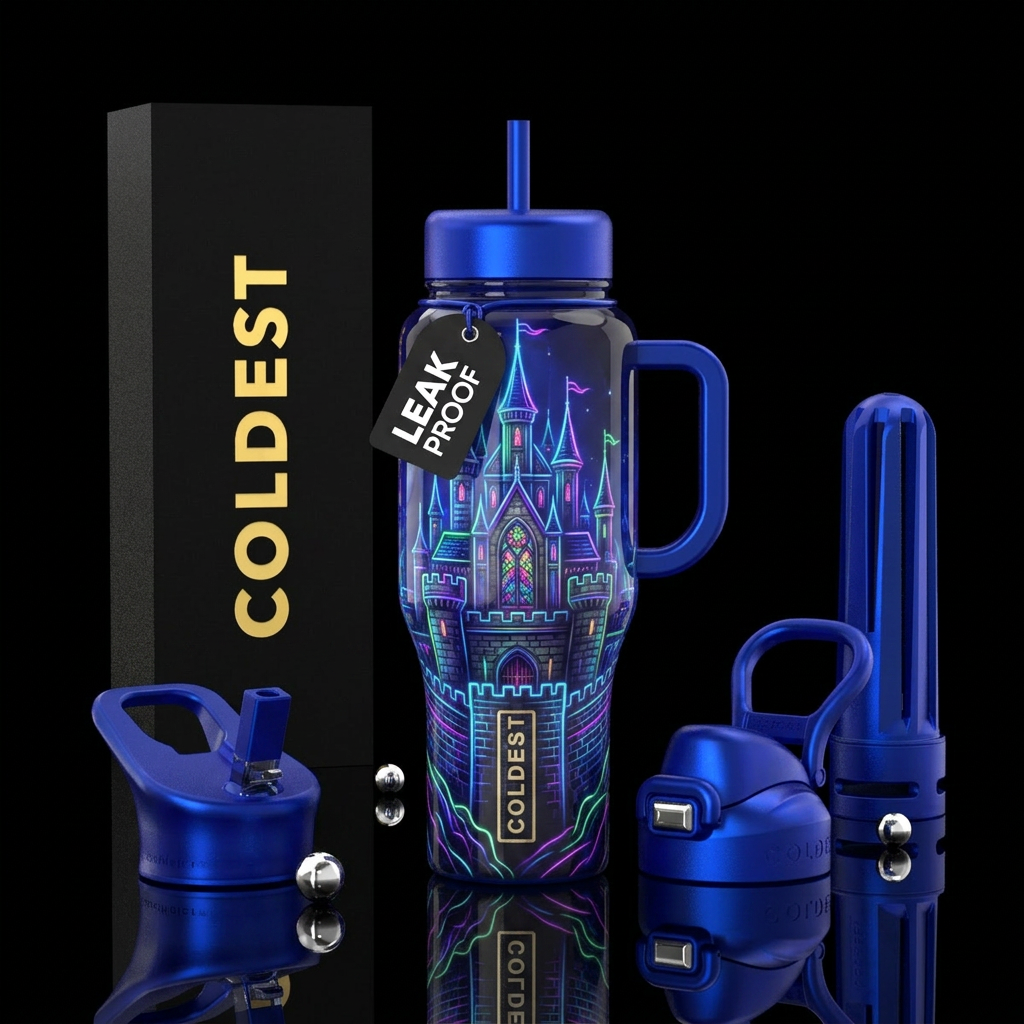 Filography,castle, glossy, trompe-l'œil, glowie water bottle design