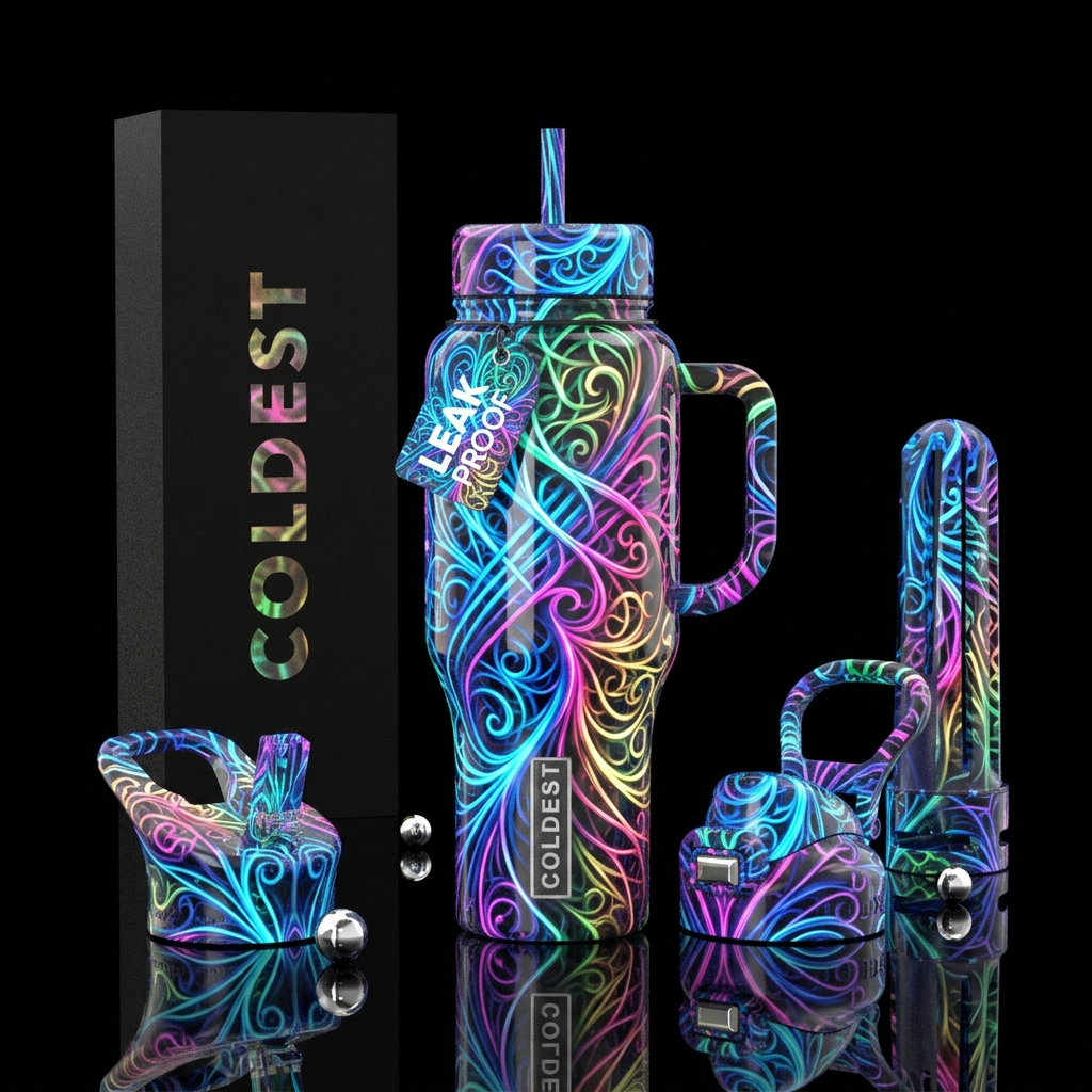 Filography,, glossy, trompe-l'œil, glowie, whimsic... water bottle design