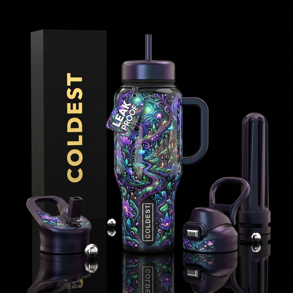 Filography,, glossy, trompe-l'œil, glowie, whimsic... water bottle design