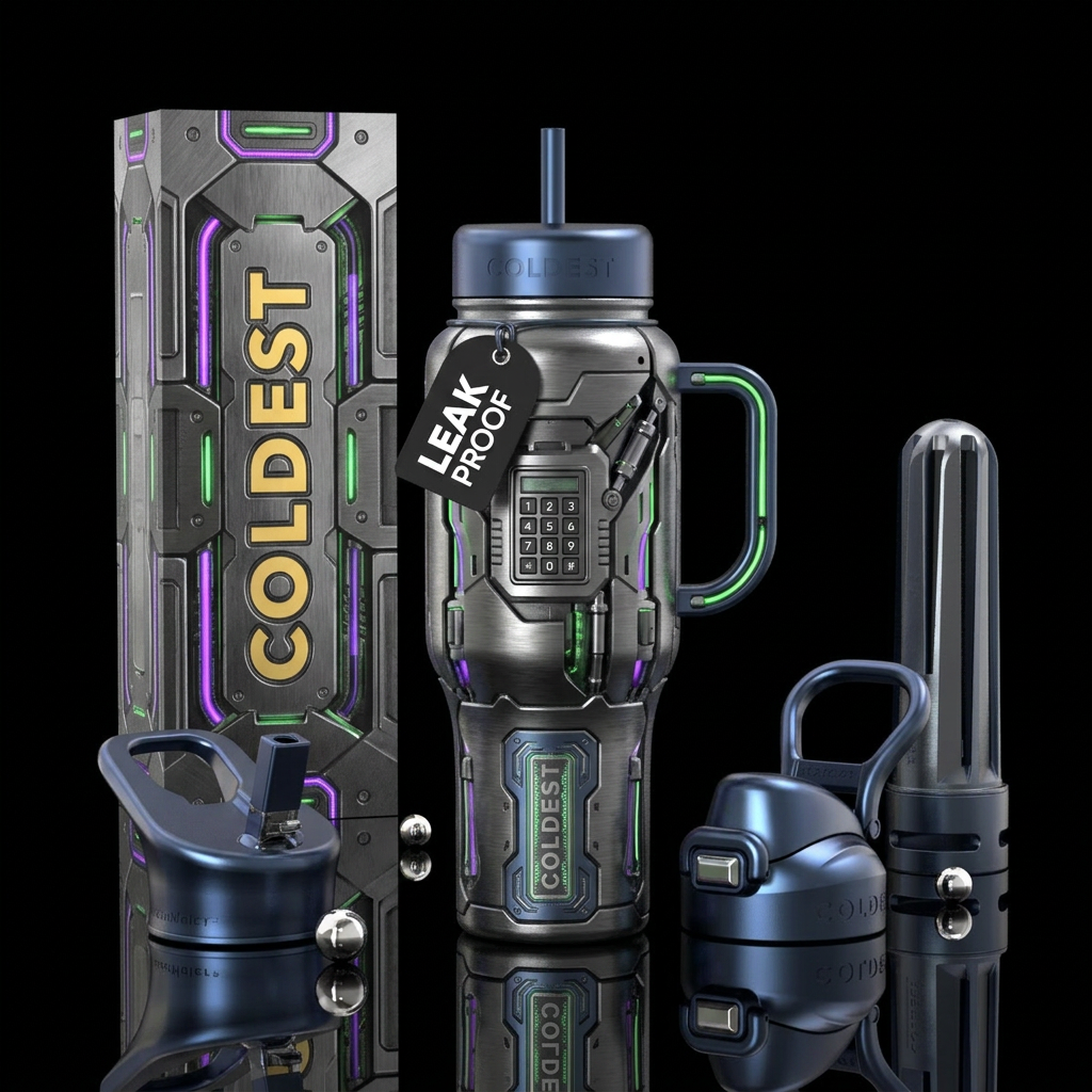 Vault,glossy, trompe-l'œil, heavy metal, biotech water bottle design
