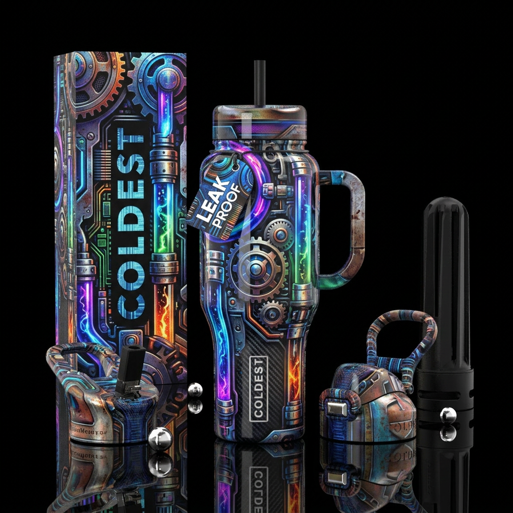 Vault,glossy, trompe-l'œil, heavy metal, biotech water bottle design