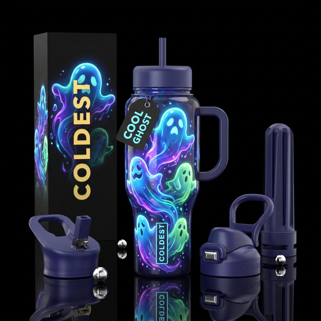 Cool ghost, glossy, glowie, trompe-l'œil water bottle design