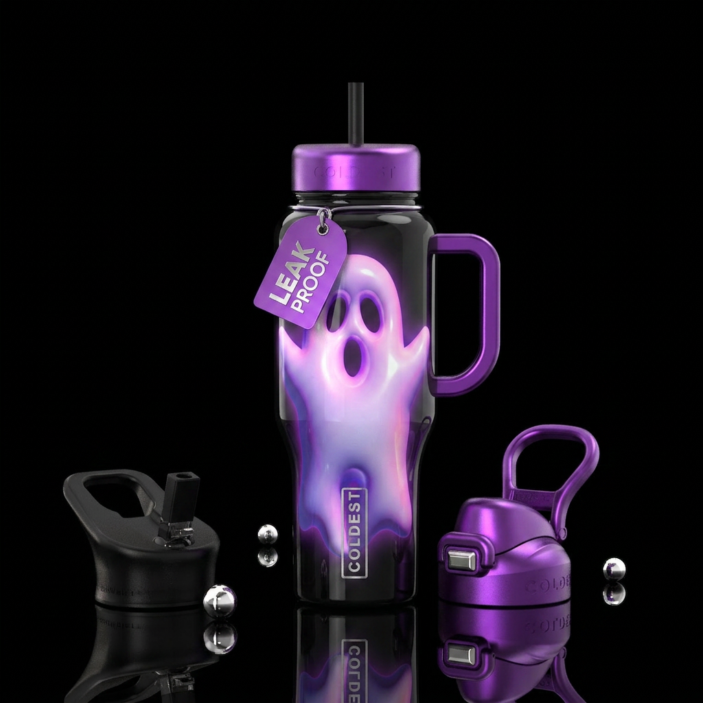 Cool trendy ghost, glossy, glowie, trompe-l'œil water bottle design