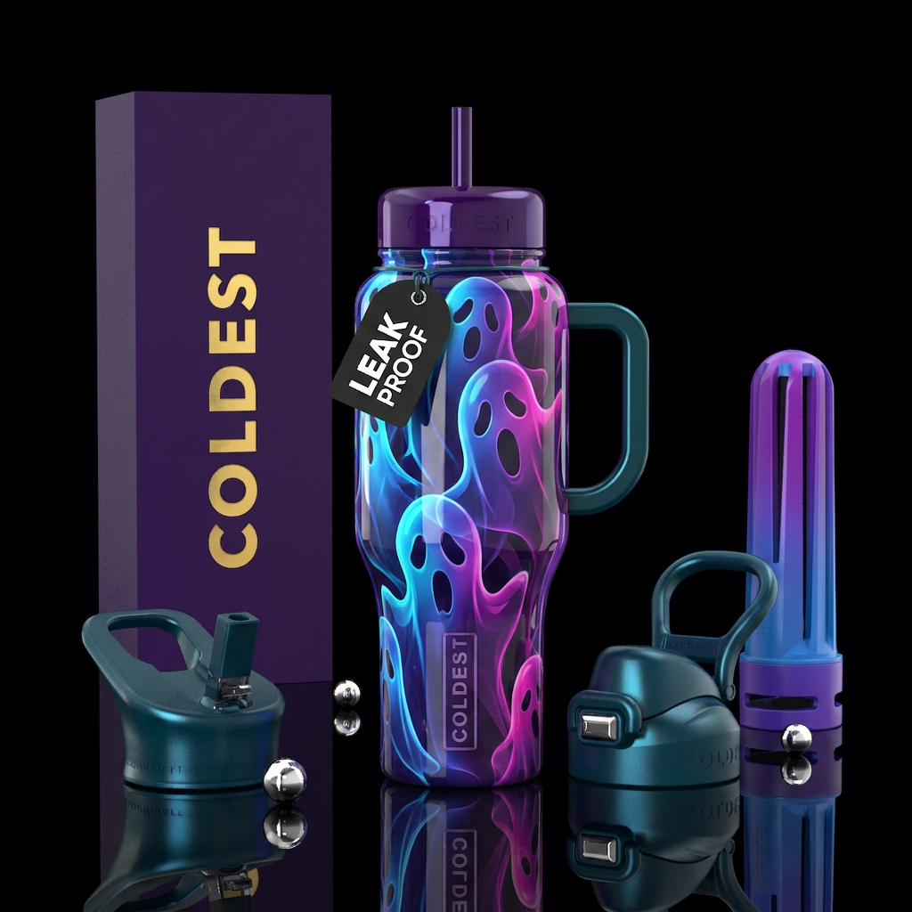 Cool trendy ghost, glossy, glowie, trompe-l'œil water bottle design