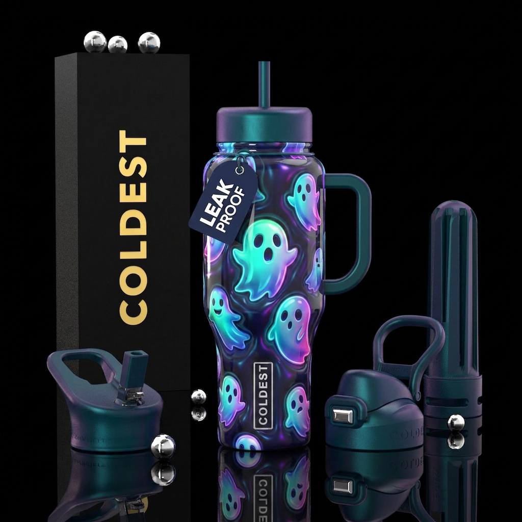Cool trendy ghost, glossy, glowie, trompe-l'œil water bottle design