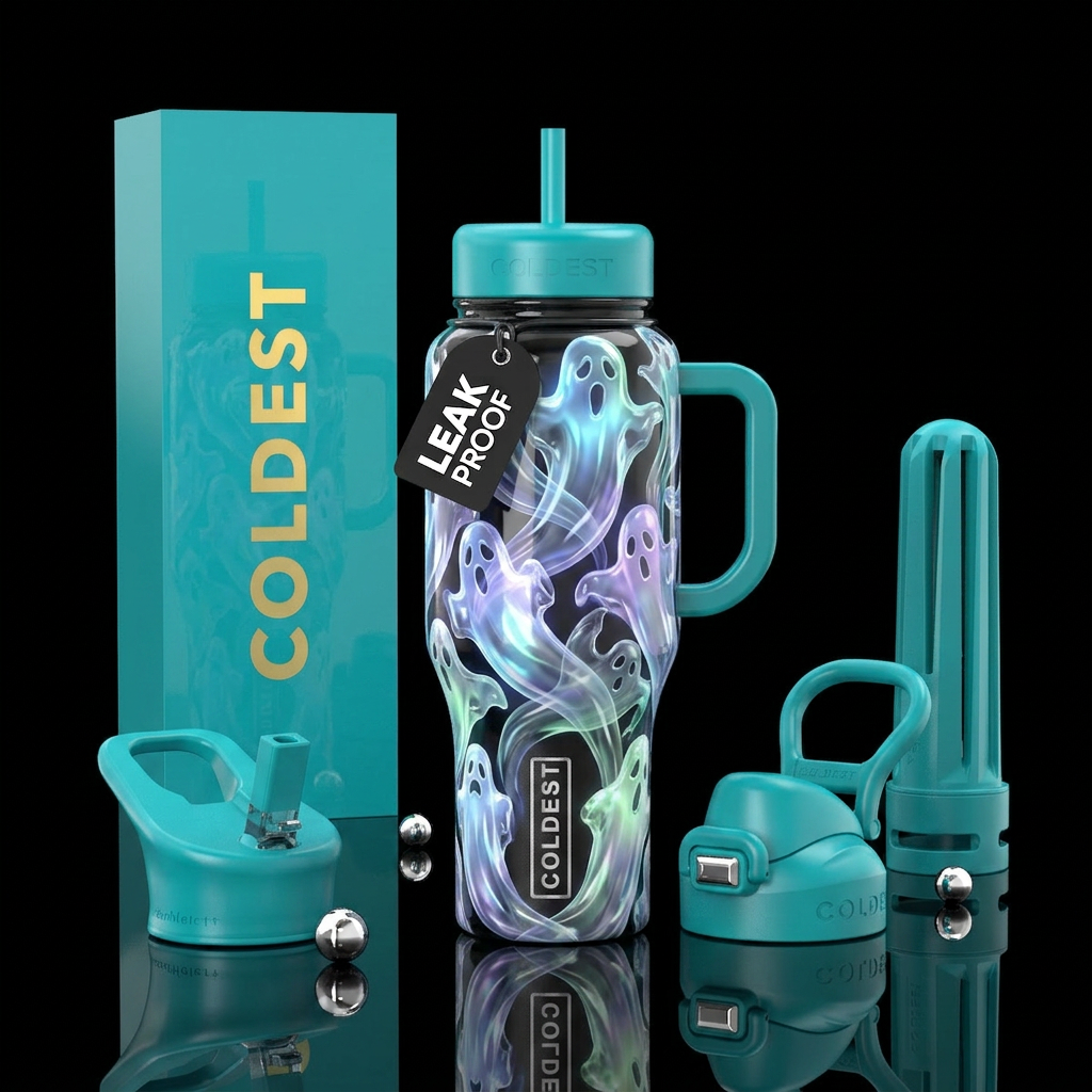 Cool trendy ghost, glossy, glowie, trompe-l'œil water bottle design