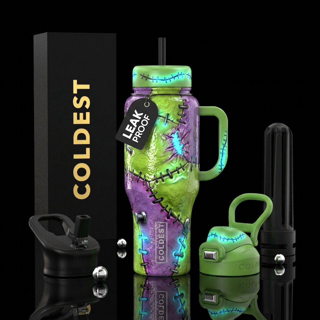 Frankenstein bottle, glossy, , trompe-l'œil ,glowi... water bottle design