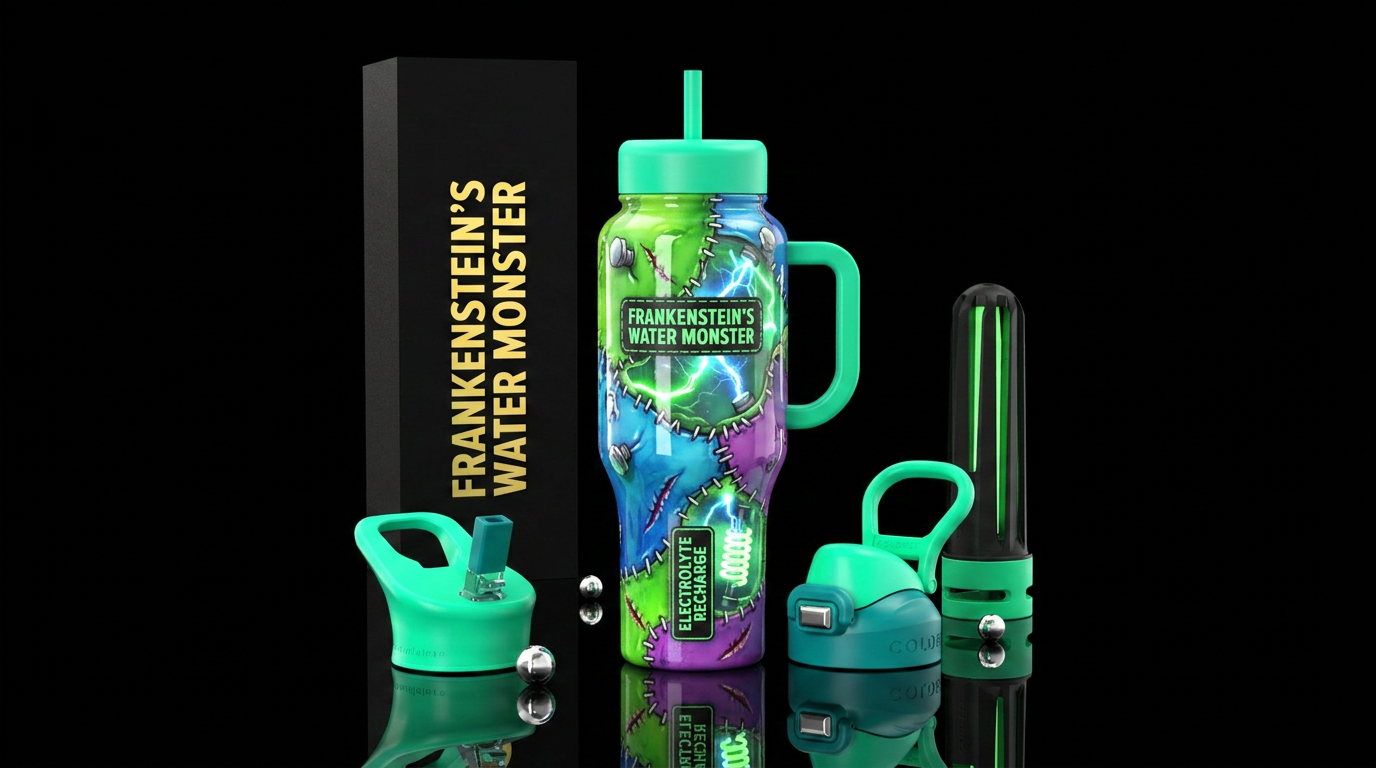 Frankenstein bottle, glossy, , trompe-l'œil ,glowi... water bottle design