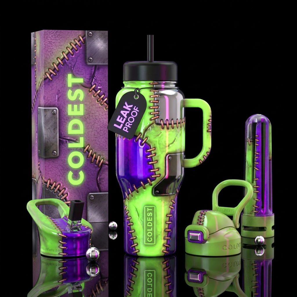 Frankenstein bottle, glossy, , trompe-l'œil ,glowi... water bottle design