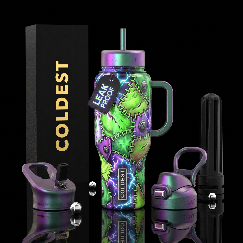 Frankenstein bottle, glossy, , trompe-l'œil ,glowi... water bottle design