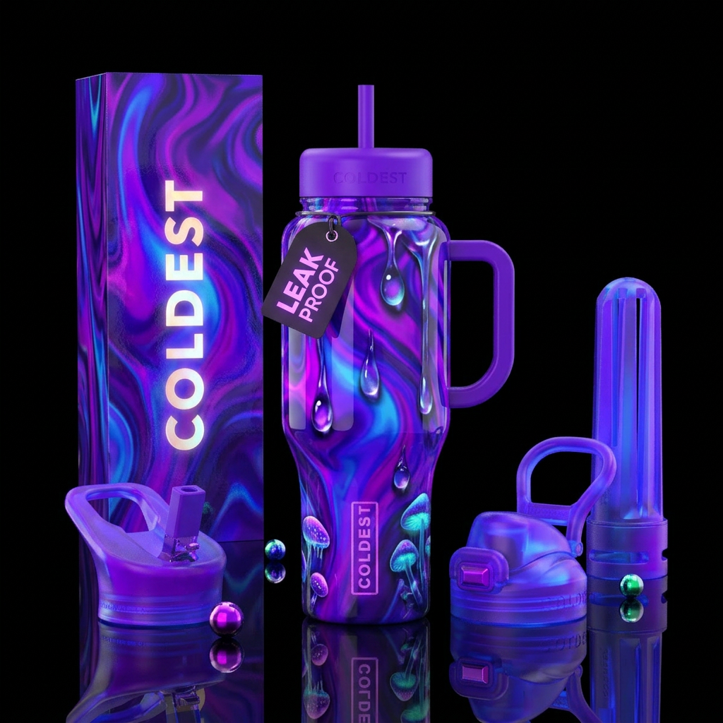 , glossy, , trompe-l'œil ,glowie, vibrant,flamboya... water bottle design
