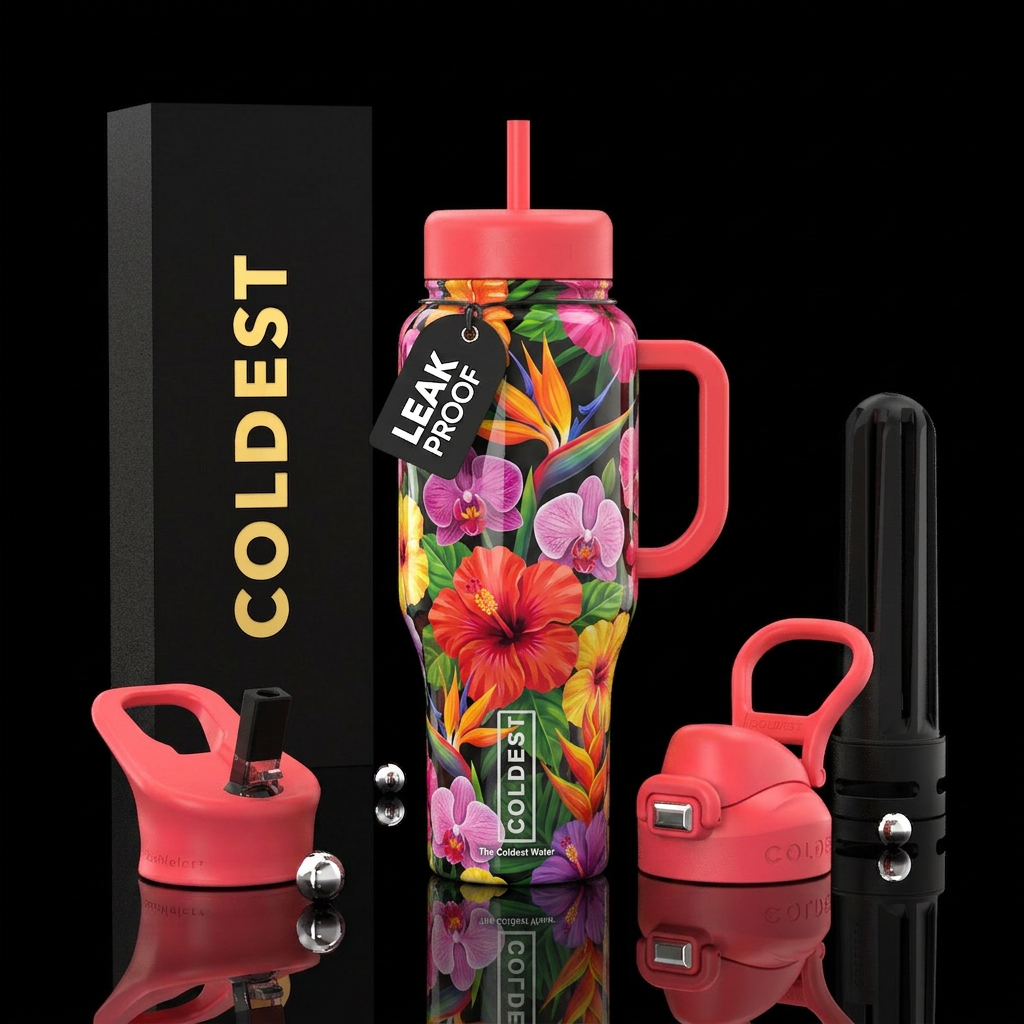 , glossy, , trompe-l'œil ,, vibrant,flamboyant flo... water bottle design