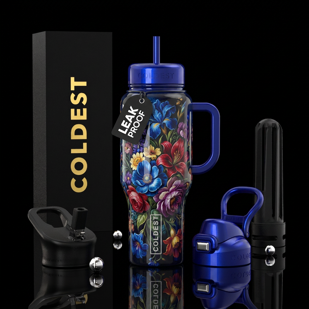 , glossy, realism, trompe-l'œil ,, vibrant,flamboy... water bottle design