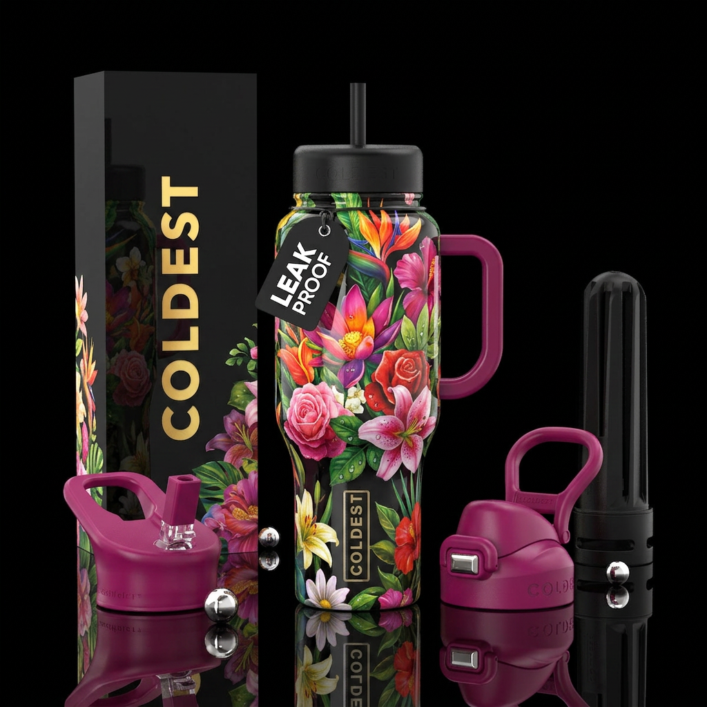 , glossy, realism, trompe-l'œil ,, vibrant,flamboy... water bottle design