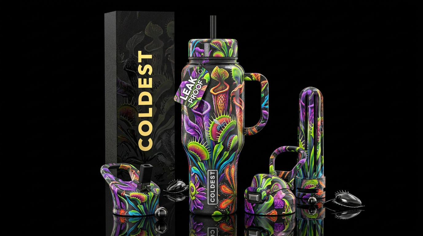 , glossy, realism, trompe-l'œil ,, vibrant,flamboy... water bottle design