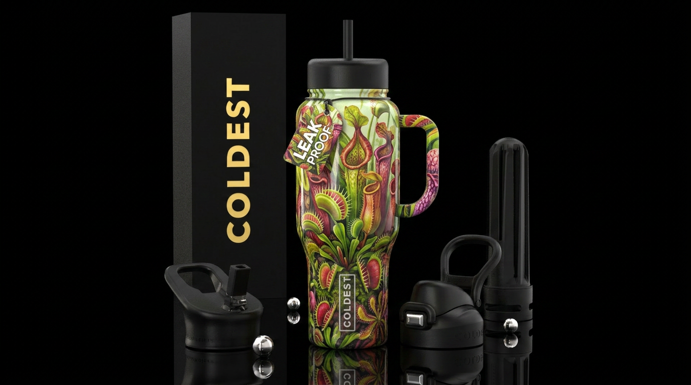 , glossy, realism, trompe-l'œil ,, vibrant,flamboy... water bottle design
